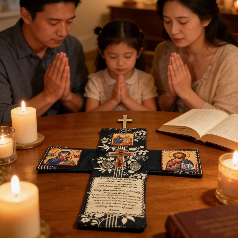 A handcrafted pocket shrine with a cross rests on a wooden table surrounded by family members and an open book.