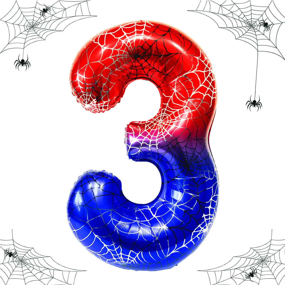 A large foil balloon shaped like the number three in red, white, and blue, surrounded by spider web graphics.