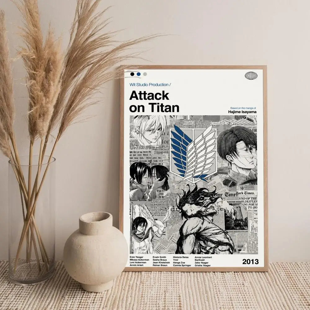 Wall art featuring a monochrome illustration inspired by Attack on Titan characters and typography