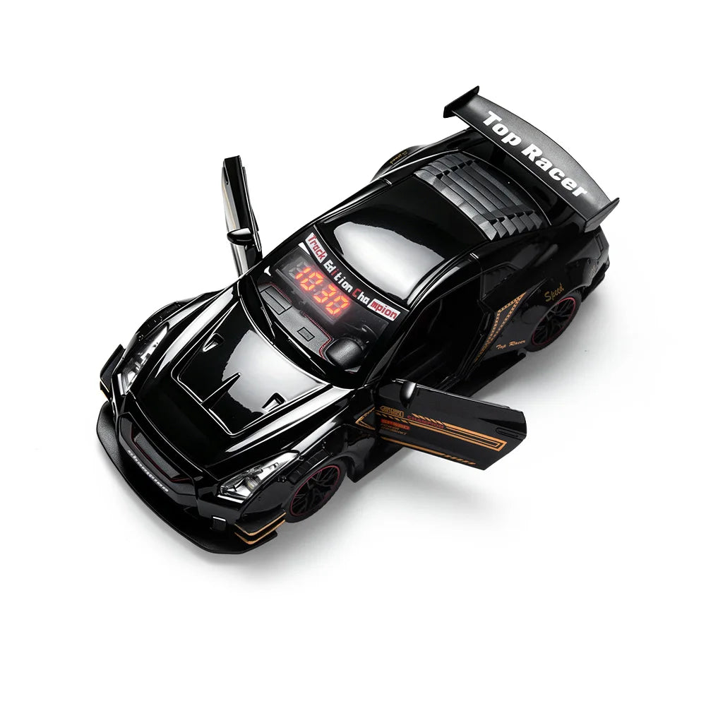 A black Top Racer car model remote control alarm clock with sound effects.