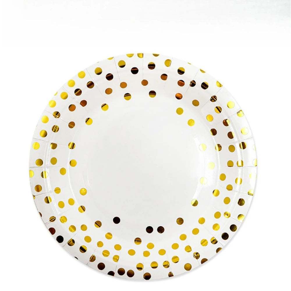 Elegant white and gold polka dot disposable party tableware set plate