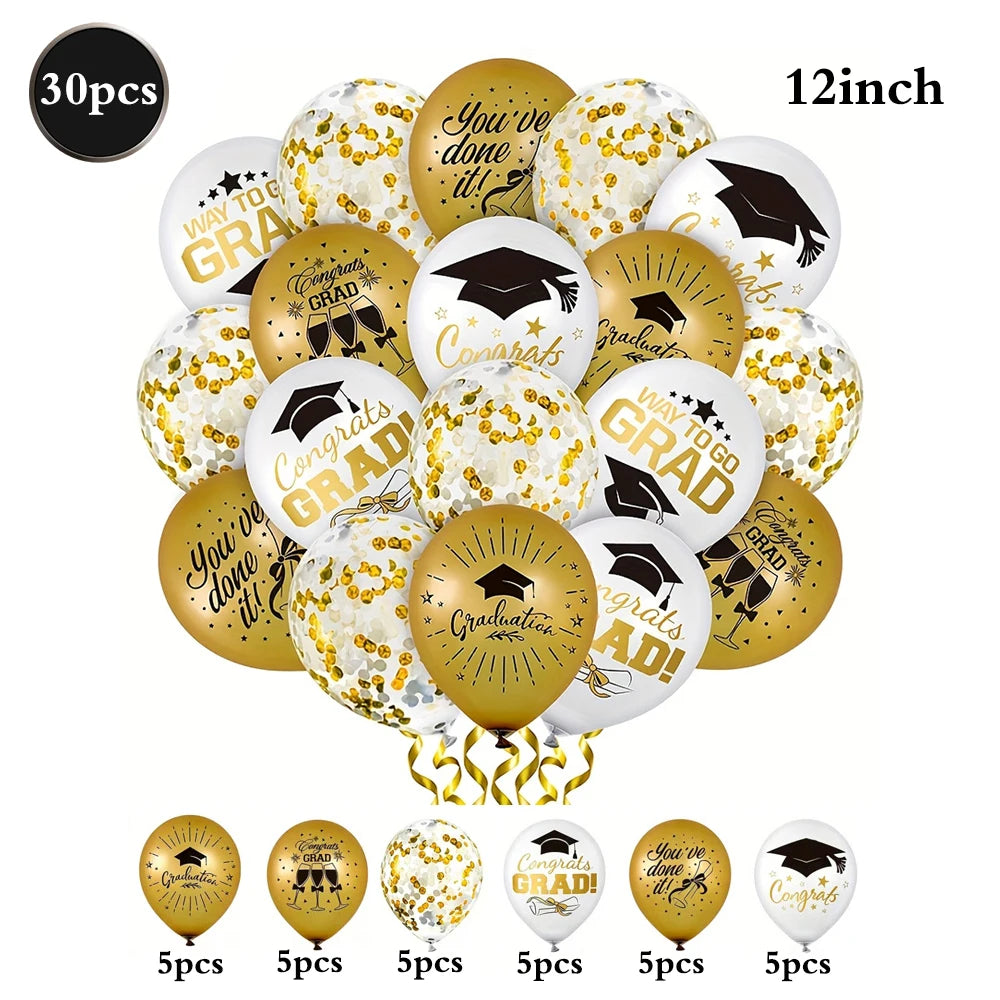 A collection of 30 graduation balloons in gold and white with cap and star designs, including various sizes.