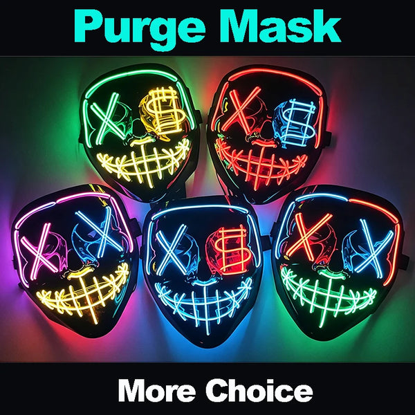 A collection of glow-in-the-dark LED purge masks featuring skull designs and various colors.