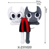 A plush toy resembling a stylized animal face with white and gray fur, featuring a black and red striped accessory.