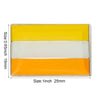 A rectangular lapel pin featuring three horizontal stripes of yellow, white, and orange.