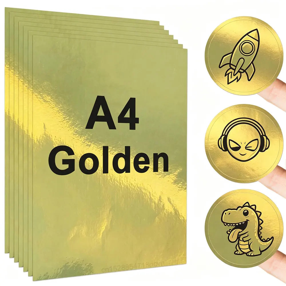 A pack of ten gold A4 printable vinyl sticker sheets for inkjet printers featuring a rocket icon.