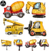 A set of construction truck foil balloons in red and yellow colors for birthday party decoration.