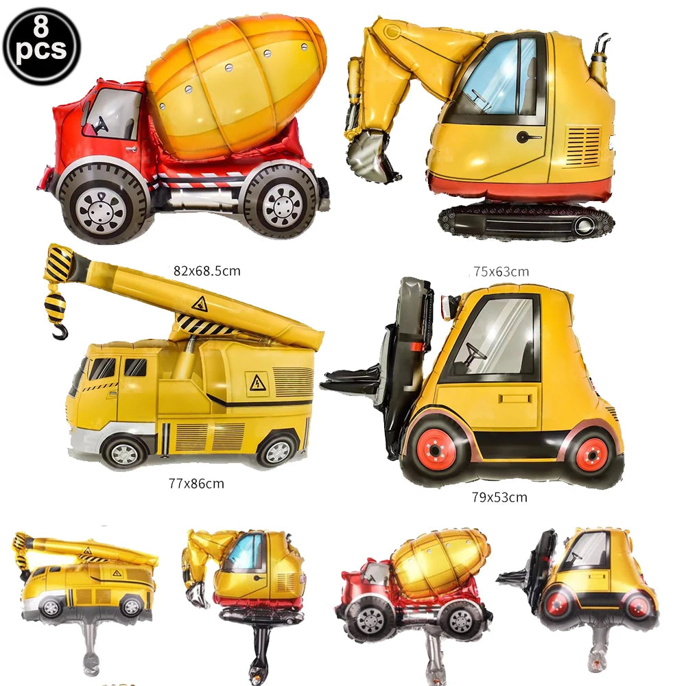 A set of construction truck foil balloons in red and yellow colors for birthday party decoration.