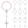 Mini baptism rosary favors with cross in assorted styles, featuring pink and silver beads.