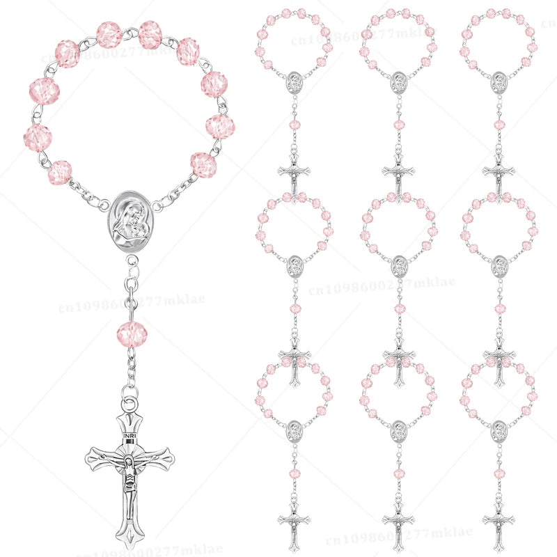 Mini baptism rosary favors with cross in assorted styles, featuring pink and silver beads.