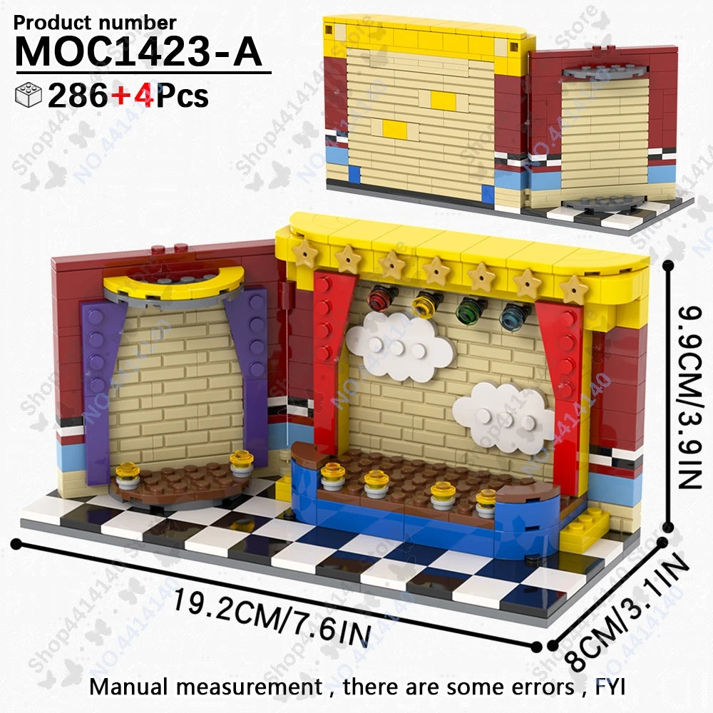 A model of a Five Nights at Freddy's building featuring red and yellow bricks.