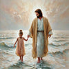 A painting depicting Jesus with a child in the sea, rendered in soft, ethereal light and flowing robes.