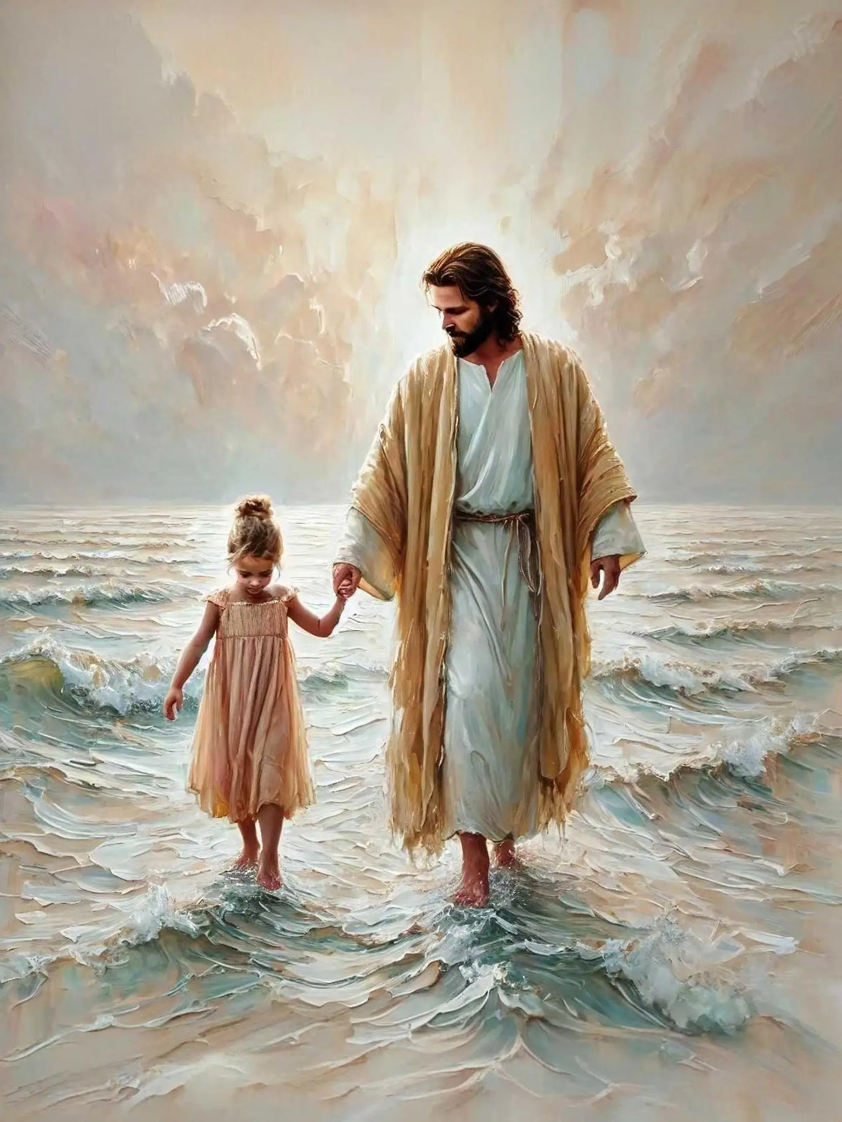 A painting depicting Jesus with a child in the sea, rendered in soft, ethereal light and flowing robes.