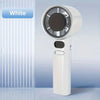 A white adjustable mini handheld cooling fan is shown standing next to a blue label indicating the color.
