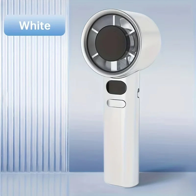 A white adjustable mini handheld cooling fan is shown standing next to a blue label indicating the color.