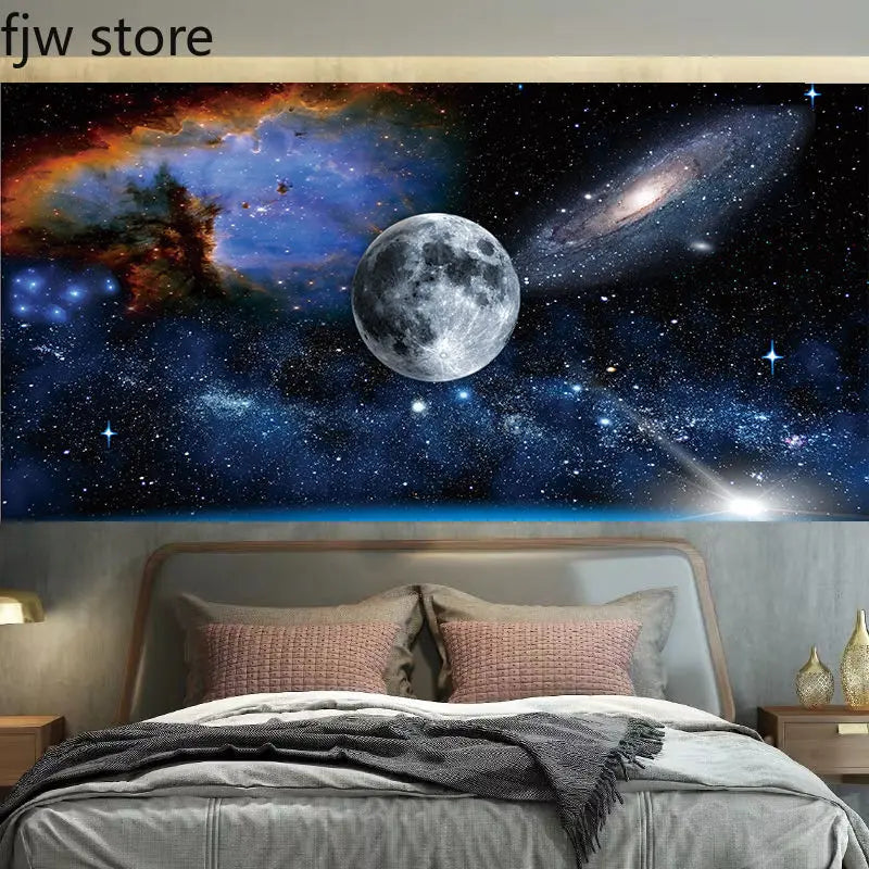 Gemälde eines Mondes und einer Galaxie über einem Bett