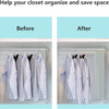Before and after comparison showing how to organize a closet using cascading hanger connectors for wardrobe storage