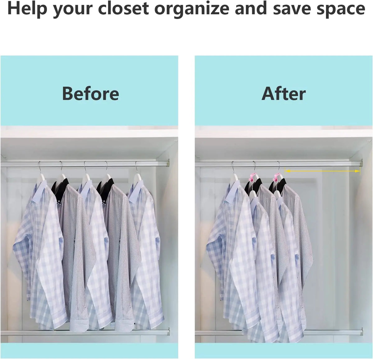 Before and after comparison showing how to organize a closet using cascading hanger connectors for wardrobe storage