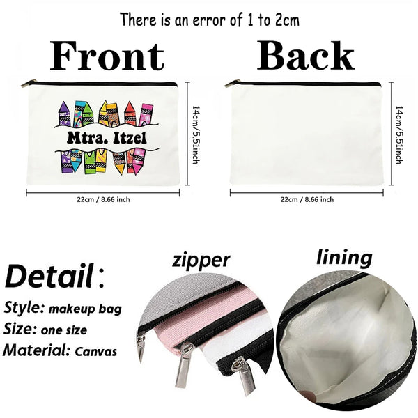 Front and back views of a canvas makeup bag featuring a floral design for teachers