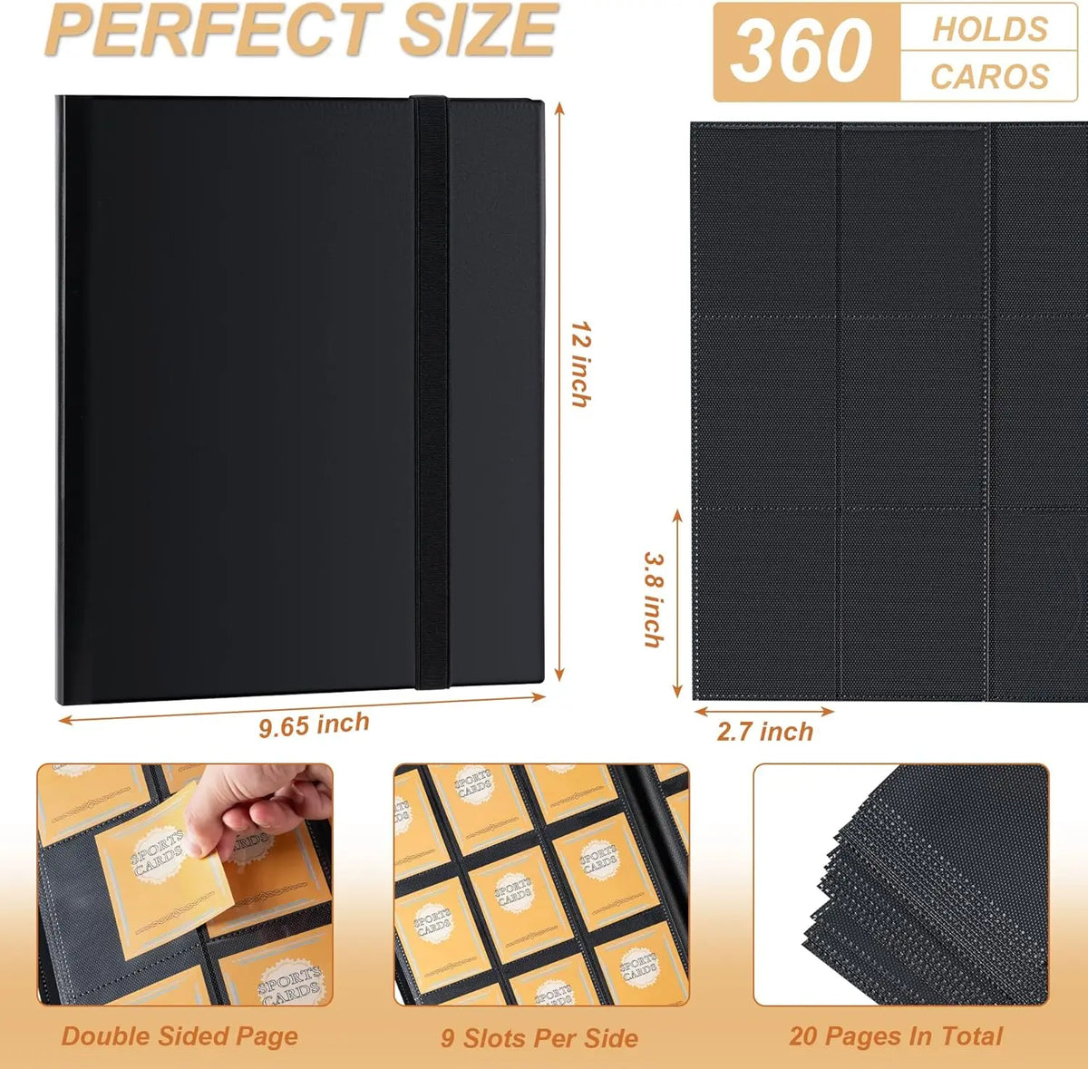 Black trading card storage binder with 360 degree protection and 9 slots per side