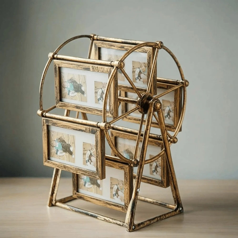 A brass rotating photo frame display with twelve slots, featuring vintage-style photographs.