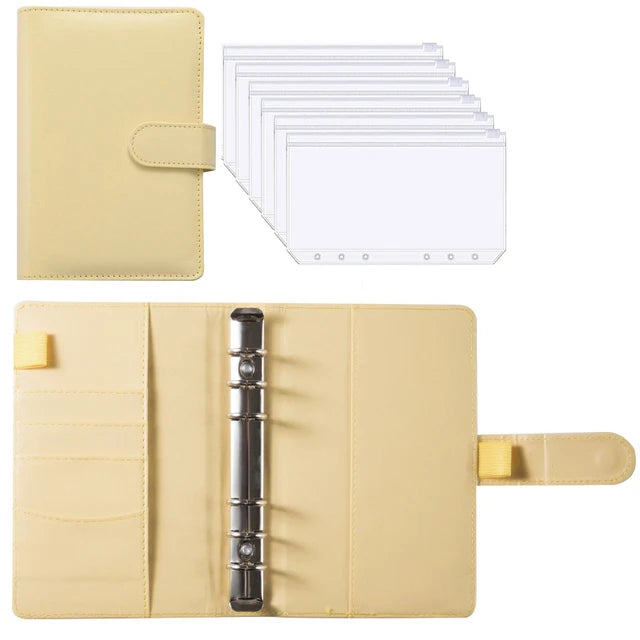A beige PU leather planner binder with multiple expense sheets and cash envelopes.