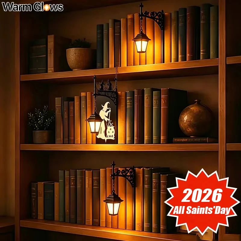 A wooden bookcase filled with books and decorated with a hanging lantern light.