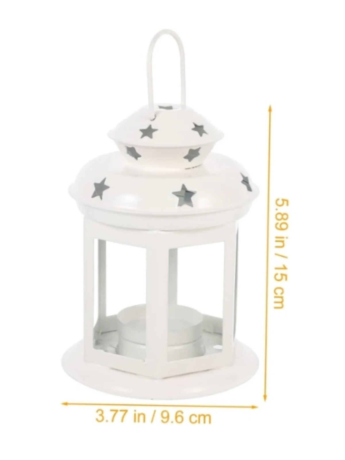 White vintage hanging metal lantern with a dome top and star pattern for indoor or outdoor decor