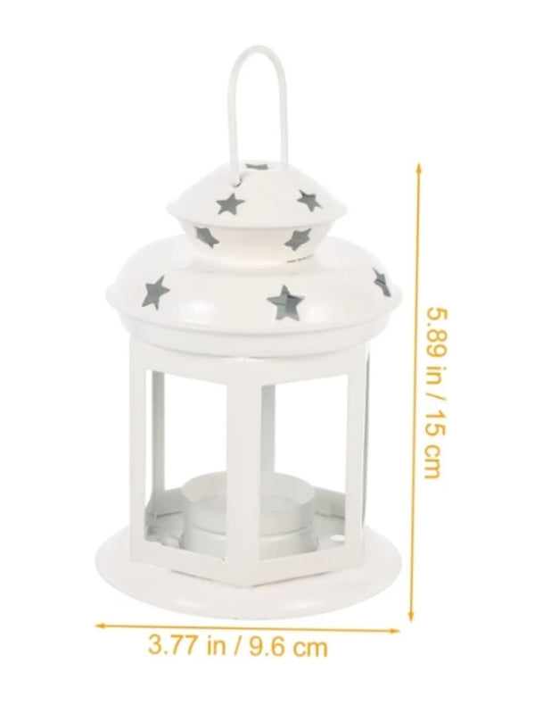 White vintage hanging metal lantern with a dome top and star pattern for indoor or outdoor decor