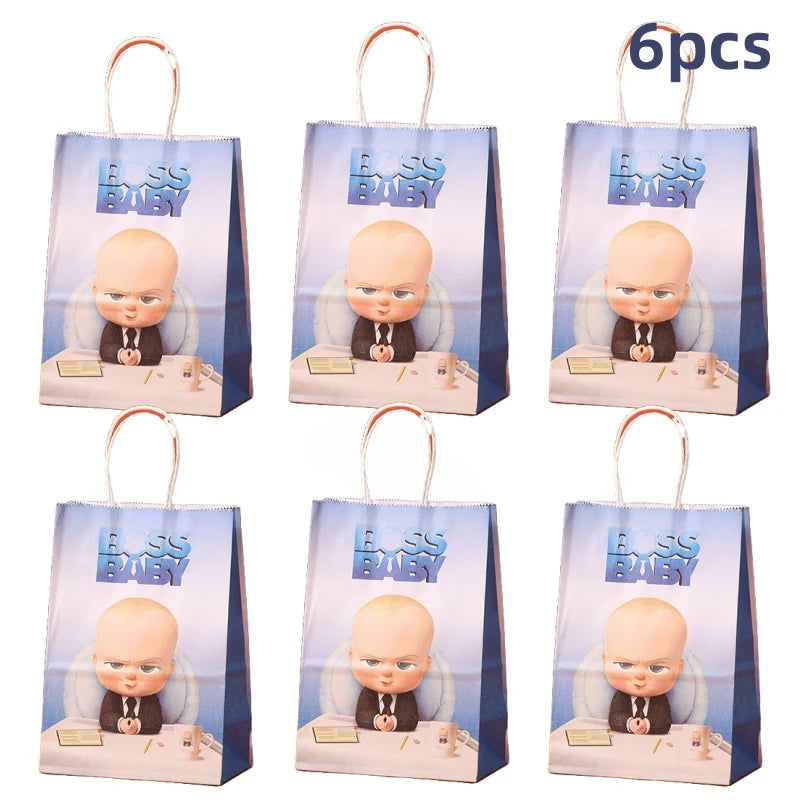 Six packs of Baby Boss themed party decorations and disposable tableware set bags
