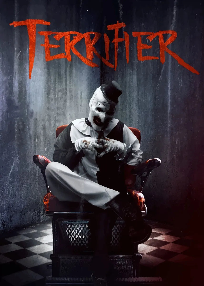 A horror movie poster featuring a clown character in white makeup and black attire against a dark background.