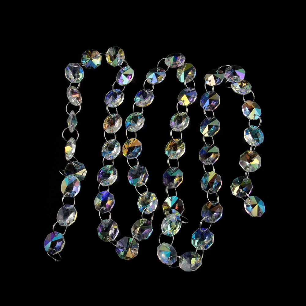A display of multi-colored crystal glass octagon bead curtain strands for home decor.
