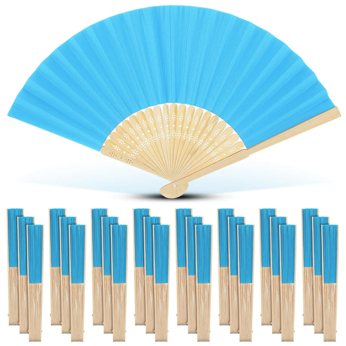 A fan of light blue paper with a gold-colored interior, shown open and closed.