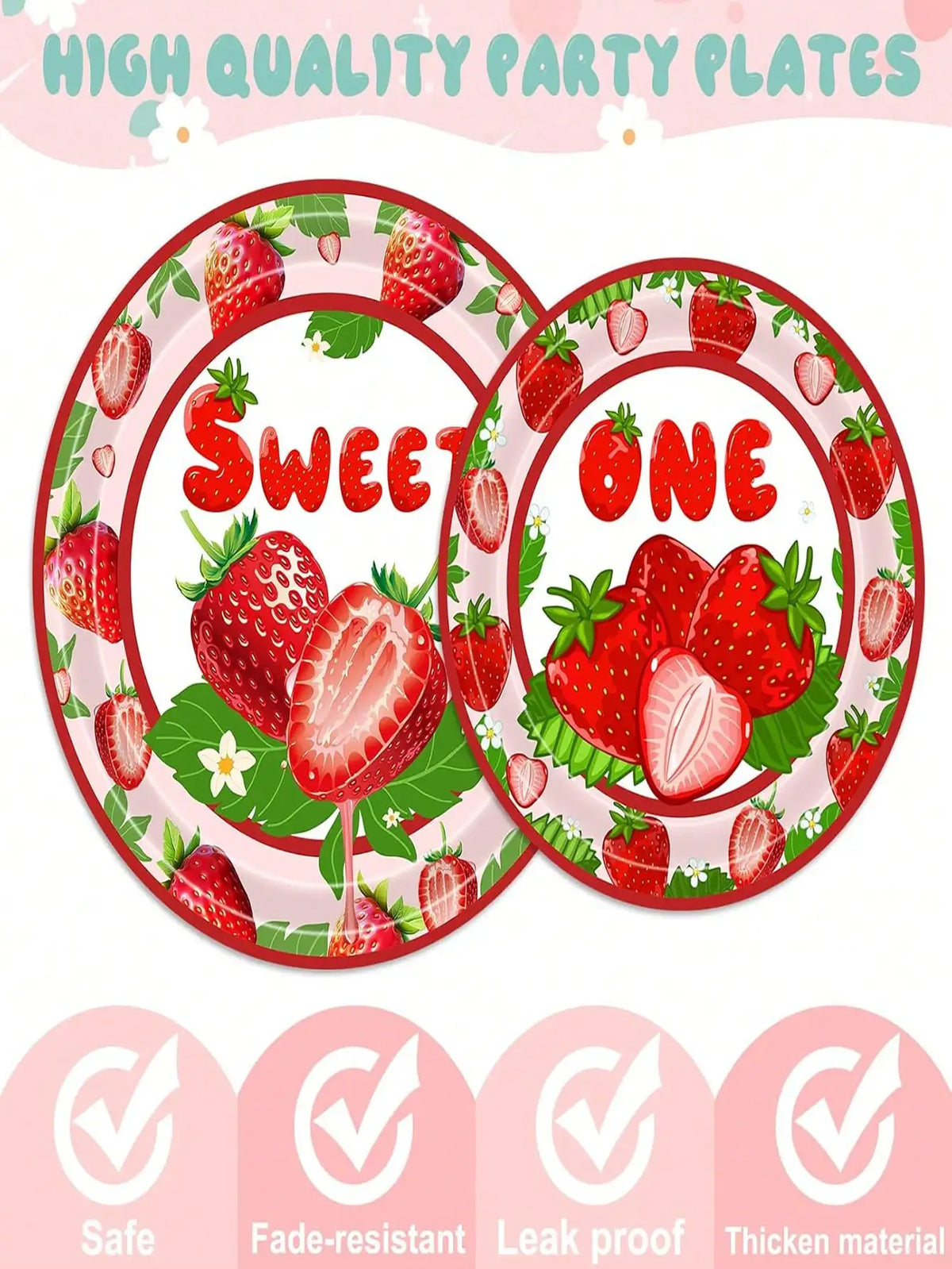 High quality party plates featuring a sweet one design with strawberries and leaves.