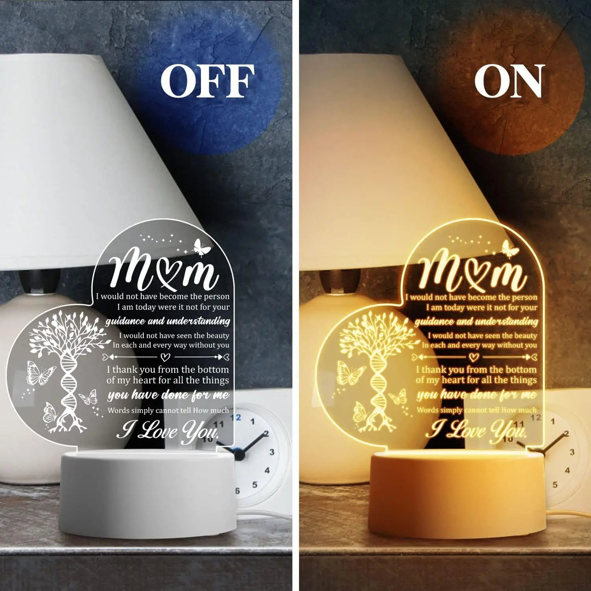 A decorative acrylic night light in white and amber tones, shown in both OFF and ON states.