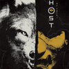 A striking black and white image featuring a fierce wolf head juxtaposed with a yellow skull, suggesting a samurai art print.