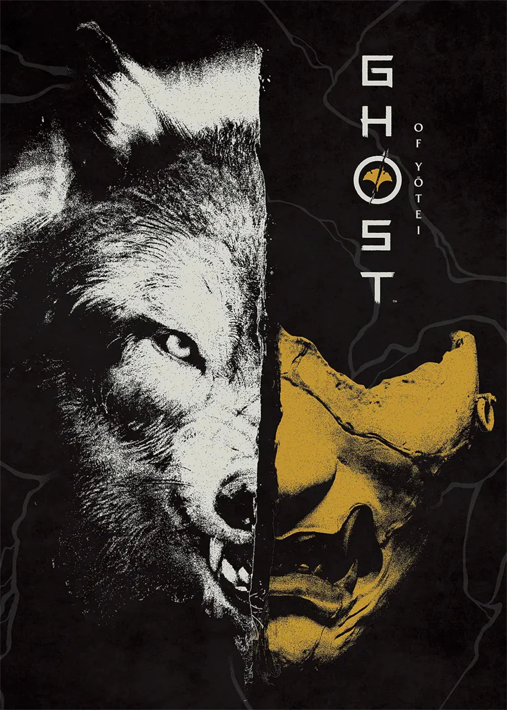 A striking black and white image featuring a fierce wolf head juxtaposed with a yellow skull, suggesting a samurai art print.