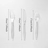 A set of clear plastic cutlery including a fork, knife, and spoon displayed against a white background.