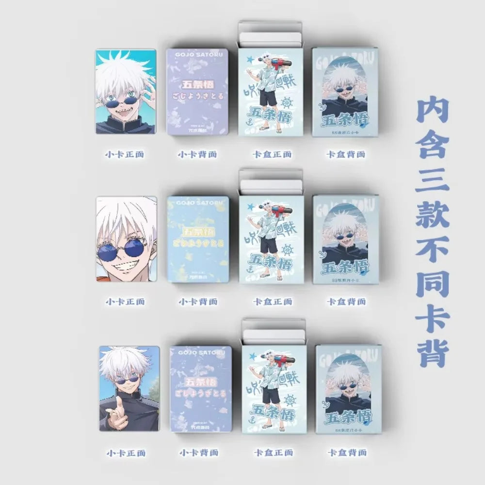 A collection of cards featuring characters from Jujutsu Kaisen anime in various poses and styles.