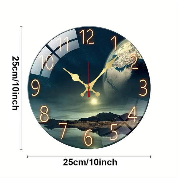 A round wall clock featuring a dark blue and green earth landscape design with golden hour markings.