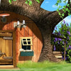 A large tree trunk with green leaves frames a wooden building and a grassy lawn for a birthday party backdrop.