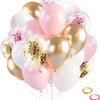 A collection of pink and gold balloons with a bowknot garland for parties