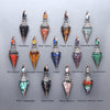 A collection of natural crystal pendants including Obsidian, Red Agate, Tiger Eye, Aquamarine, and various colored stones.