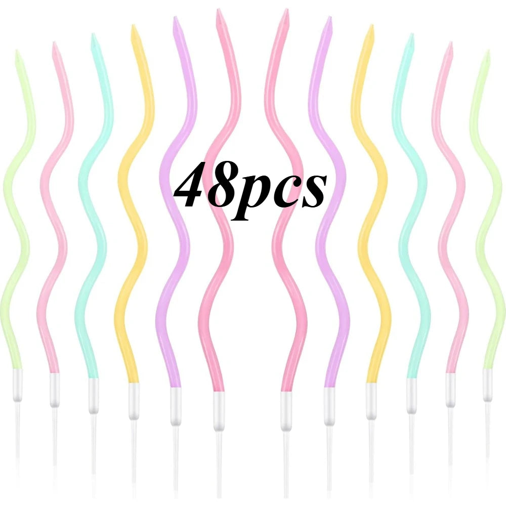 A set of 48 long thin spiral birthday candles in various pastel colors for celebrations