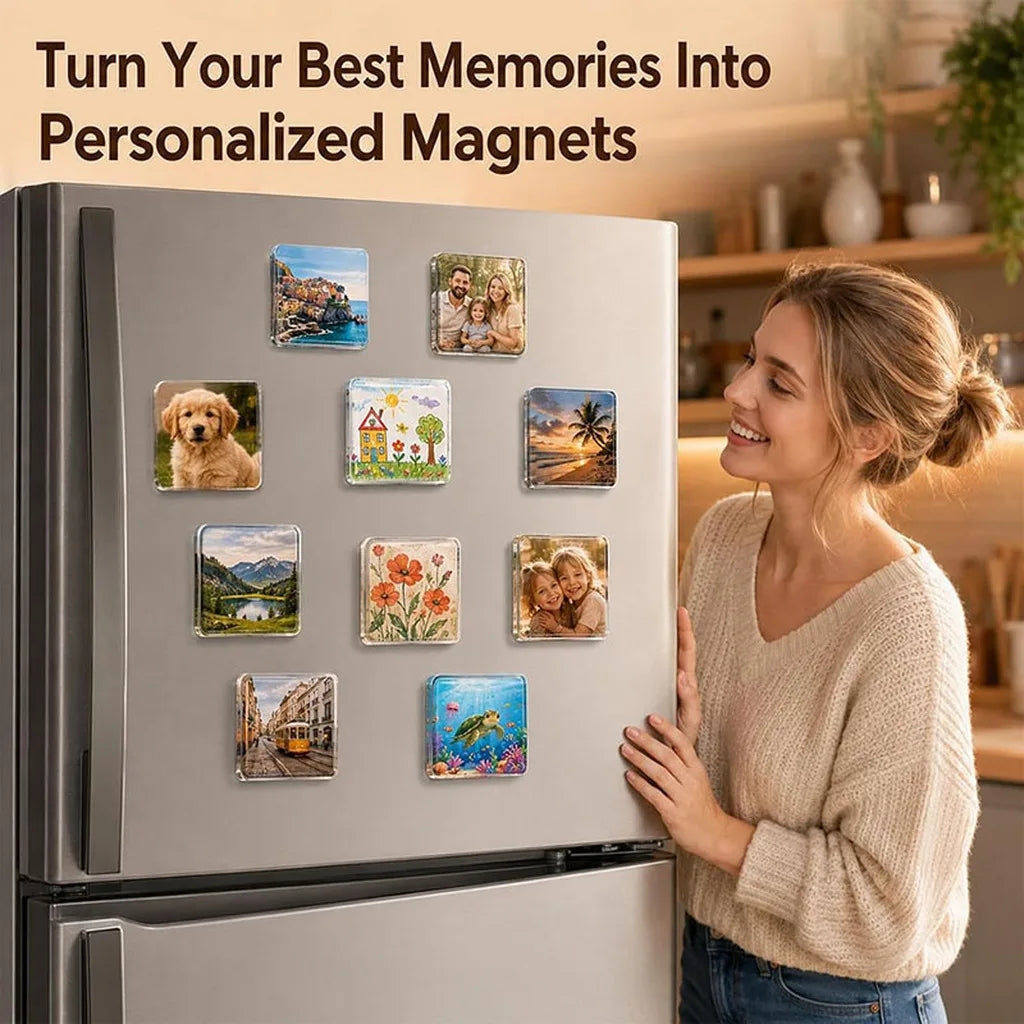 A woman is shown placing personalized photo magnets onto the door of a silver refrigerator.
