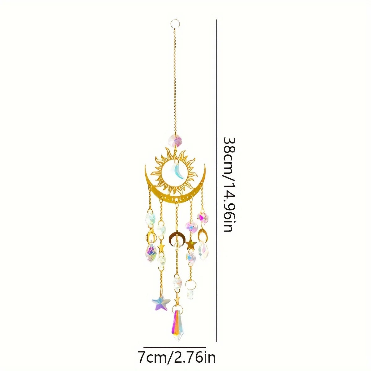 A hanging crystal wind chime featuring a sun and moon motif with dangling charms.