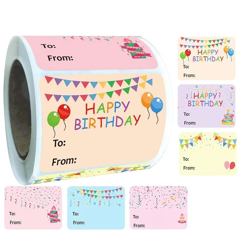 A roll of birthday and party favor tags featuring colorful designs and various color options.