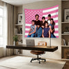 A pink retro American flag tapestry featuring seven young men standing against the flag background.