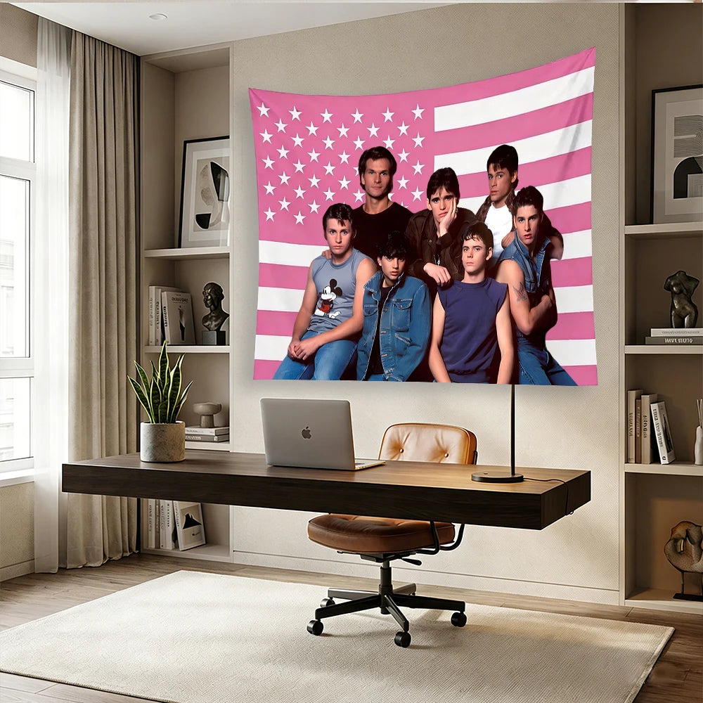 A pink retro American flag tapestry featuring seven young men standing against the flag background.