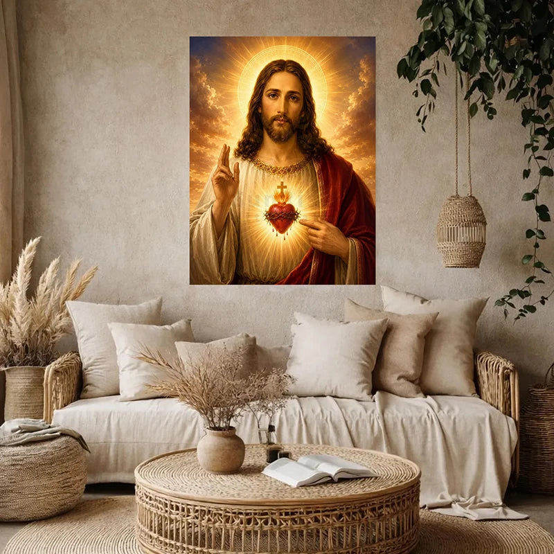 A painting of Jesus with a radiant halo and Sacred Heart, displayed as wall art in a home setting.